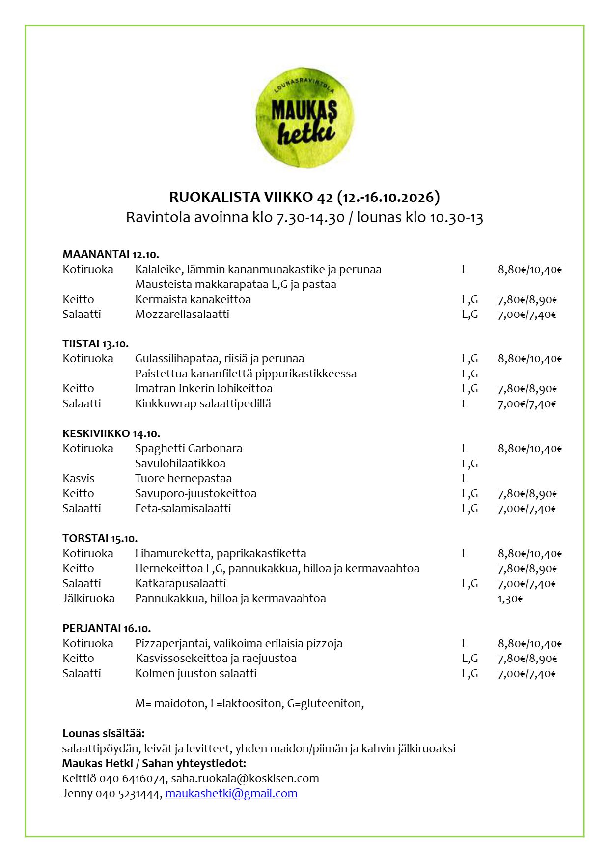 Maukas Hetki Sahan lounaslista, viikko 42